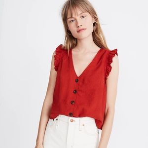 Madewell Linen-Blend Ruffle Button-Front Tank - Red - size 4